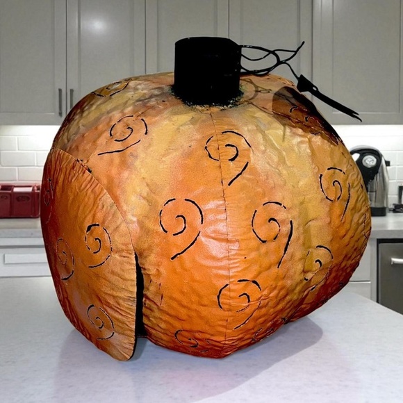 Vintage Halloween Huge Punched Tin Metal Jack O Lantern Pumpkin Candle Holder - Picture 1 of 5